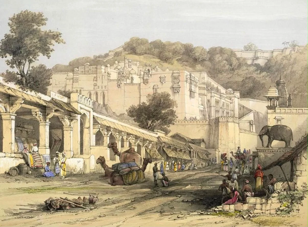 Historic illustration of Bundi Palace and the old town